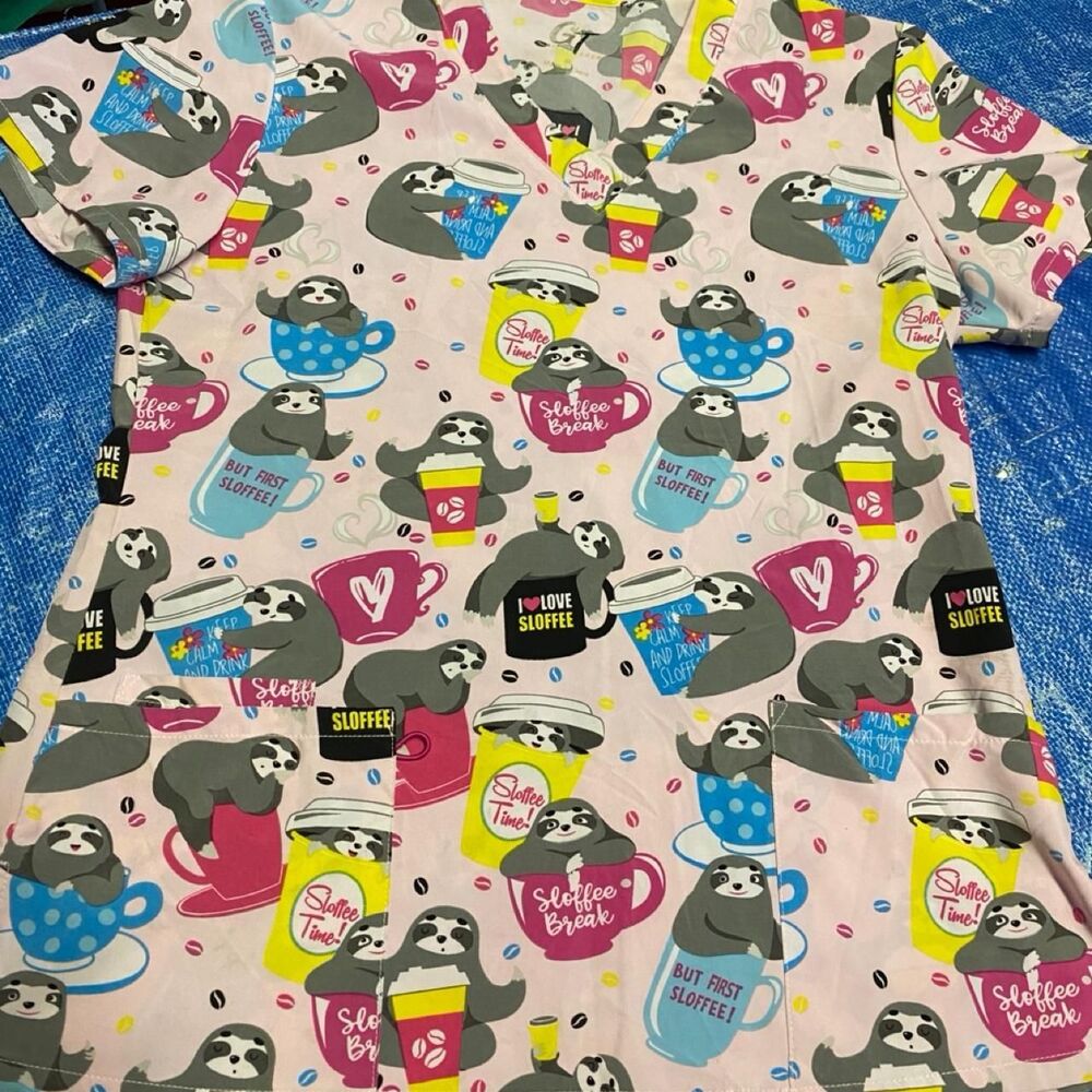 sloth coffee print scrubs shirt